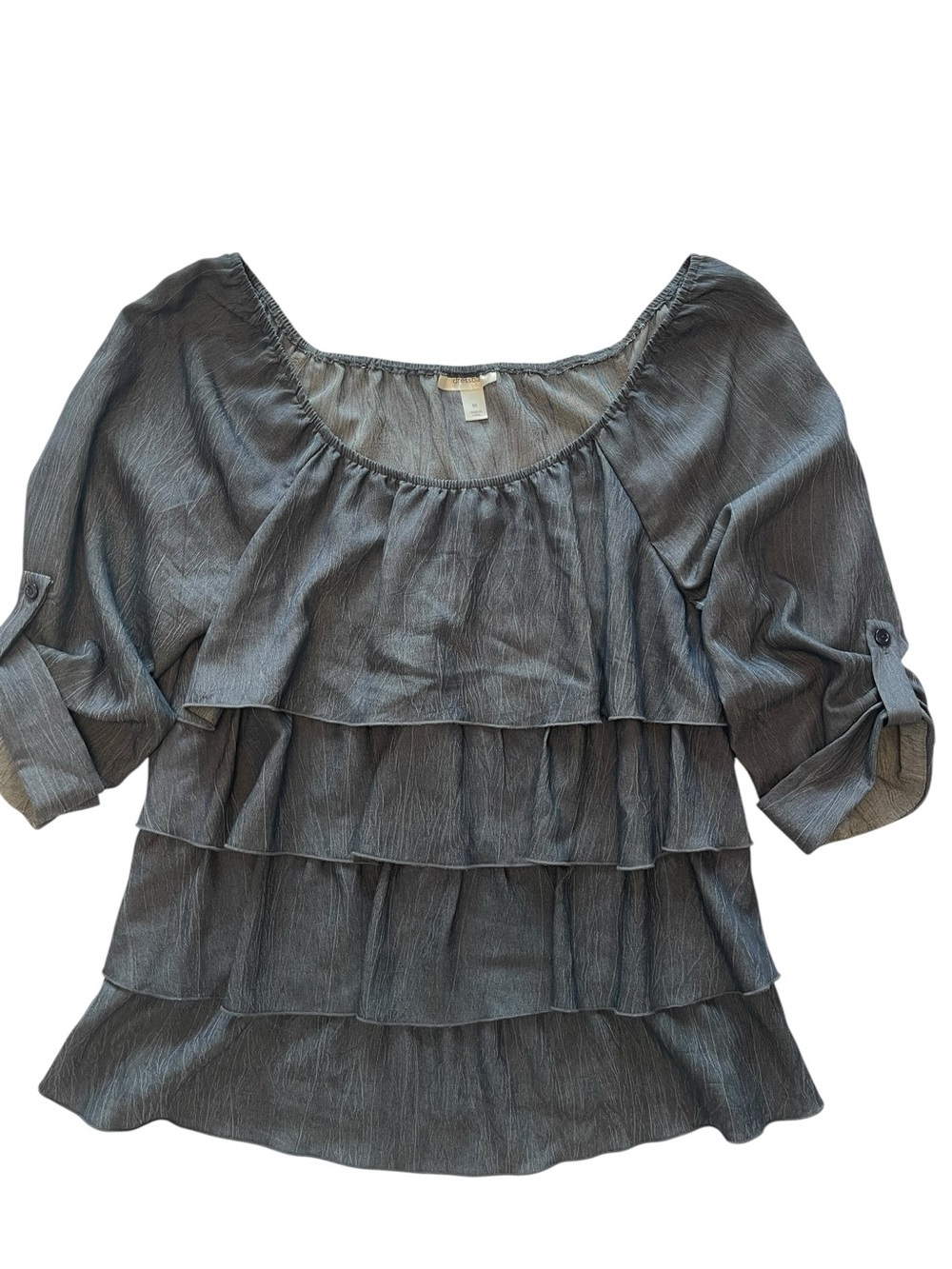 Dress Barn Ruffle Tier Scoop Neck Off Shoulder Peasant Blouse Slate Gray